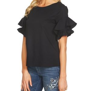 CeCe tiered ruffle sleeve poplin top black L
